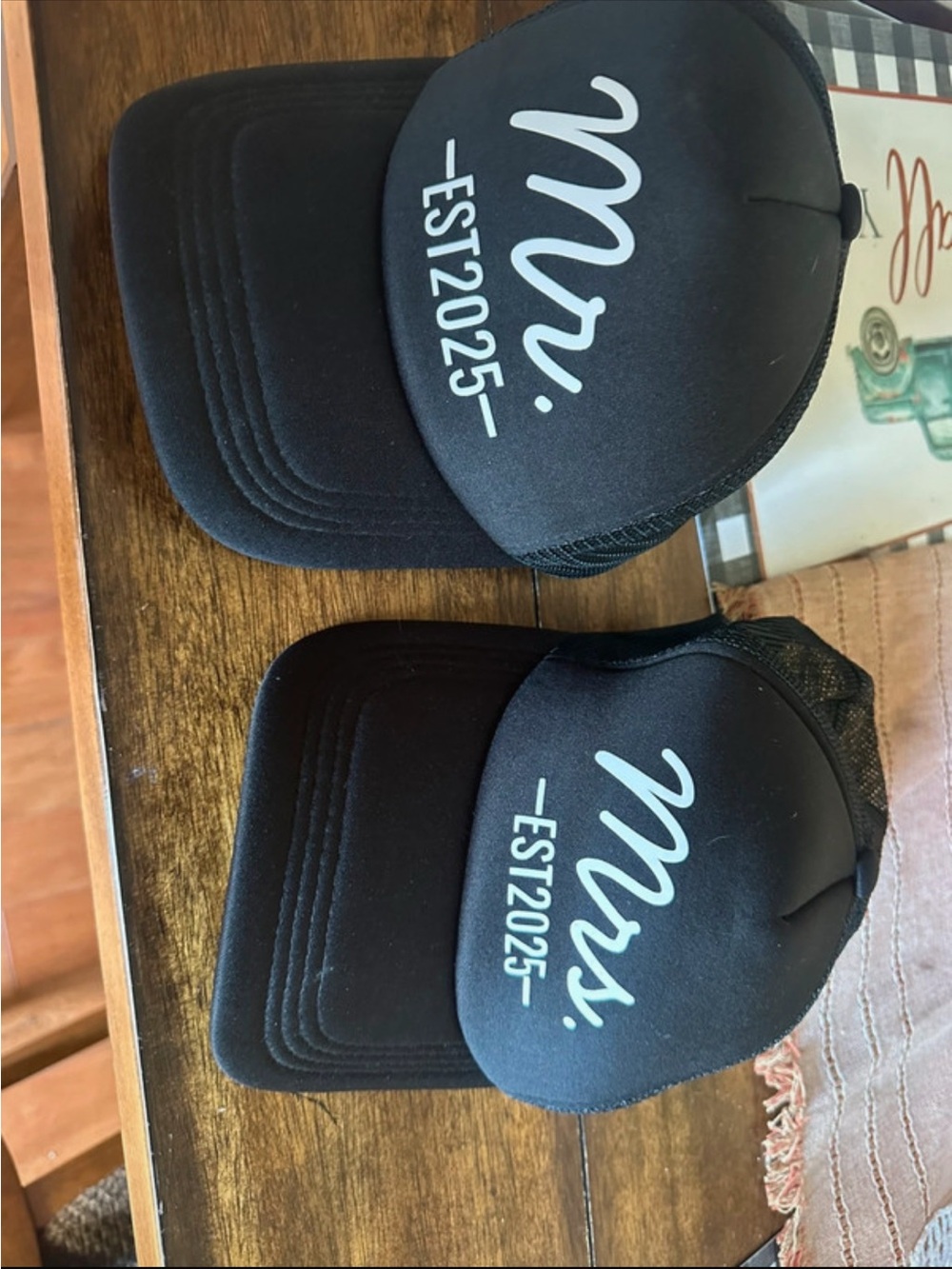 Mr. and Mrs. Black Trucker Hat Set - EST2025 Print